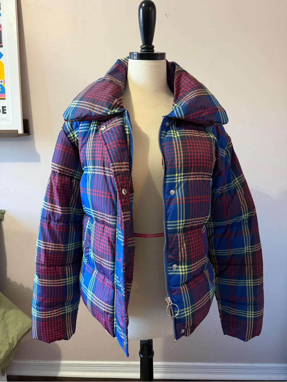 Plaid Puffer Jacket in Blue and Burgundy - Women's Coat